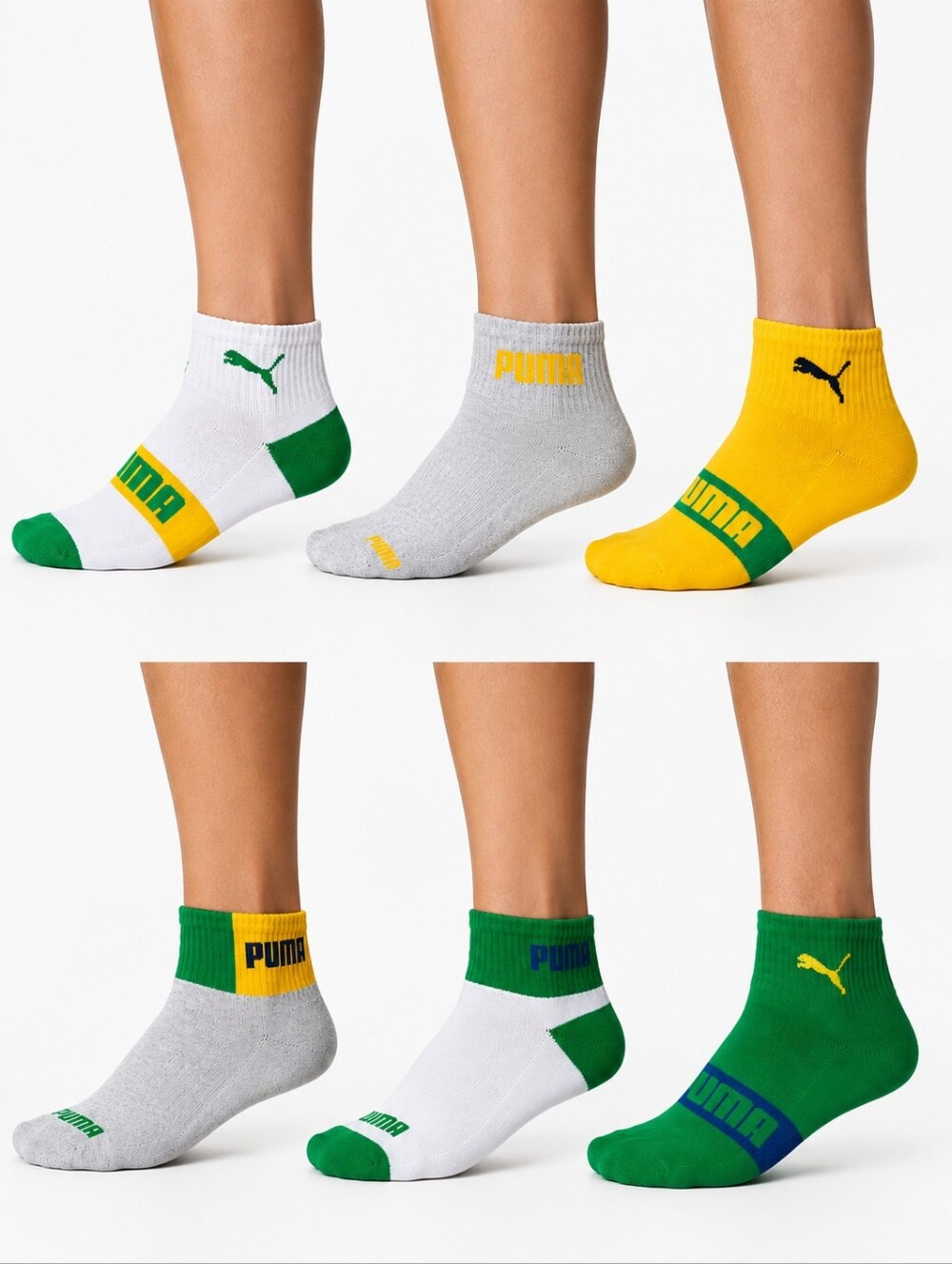 6 Pair PUMA Athletic Crew Socks in White, Green & Yellow - Mens Socks